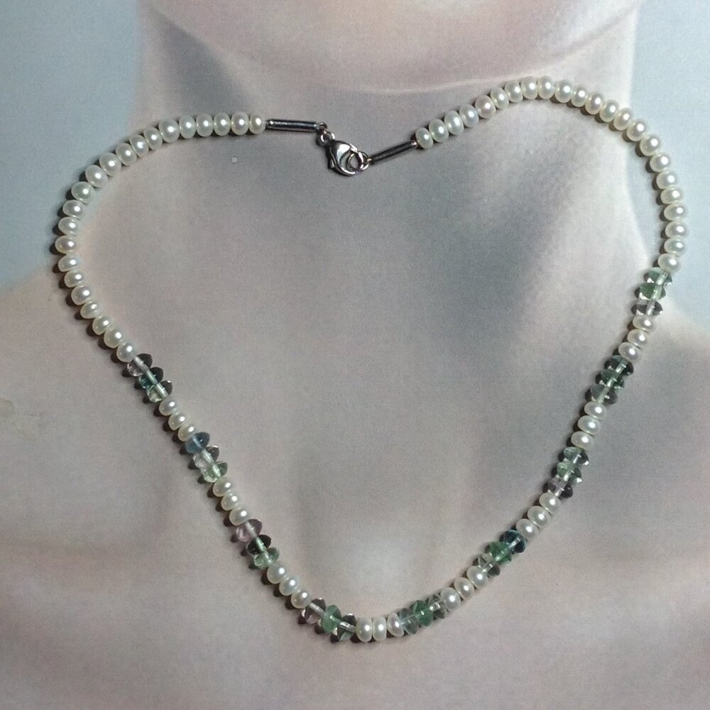 Freshwater Pearl and Rainbow Fluorite Gemstones Necklace